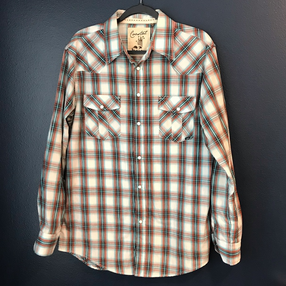 Men’s coastal snap front plaid western surf shirt
